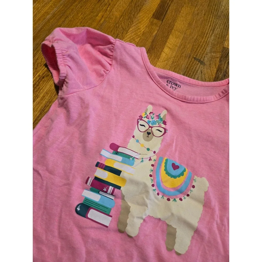 Crown & Ivy Girls Medium Pink‎ Llama Books Puff Short Sleeve Striped Short Set